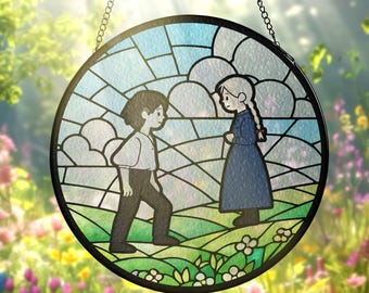 Howl & Sophie Stained Glass Window Hanging – Castle-Inspired Art – Printed Decor –  Gift for Anime Lovers
