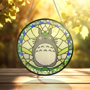 Solfångare i glas i skogsanda – Min granne-inspirerad glaskonst – Studio Ghibli – Fönster- och väggbonad – Gåva till animeälskare bild 8