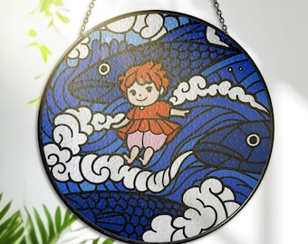 Ponyo Stained Glass Suncatcher – Cute Red-Haired Girl Glass Art – Sea Wave Fantasy Window Hanging – Whimsical Anime Decor Gift