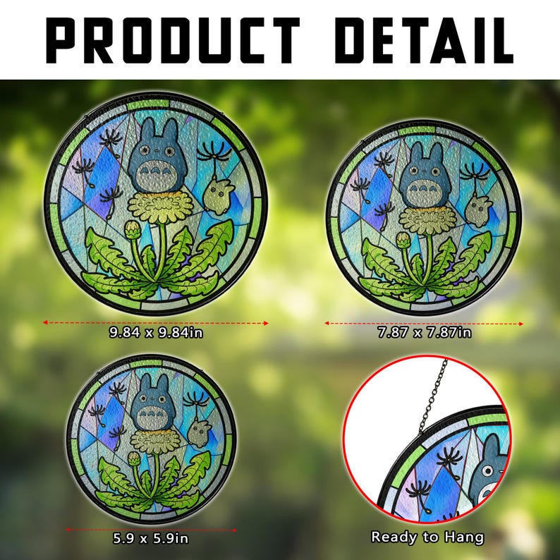 May include: Circular stained glass art featuring a blue cartoon character with a dandelion design. The product detail image shows three different sizes: 9.84 x 9.84 inches, 7.87 x 7.87 inches, and 5.9 x 5.9 inches. The text "Ready to Hang" is also visible.