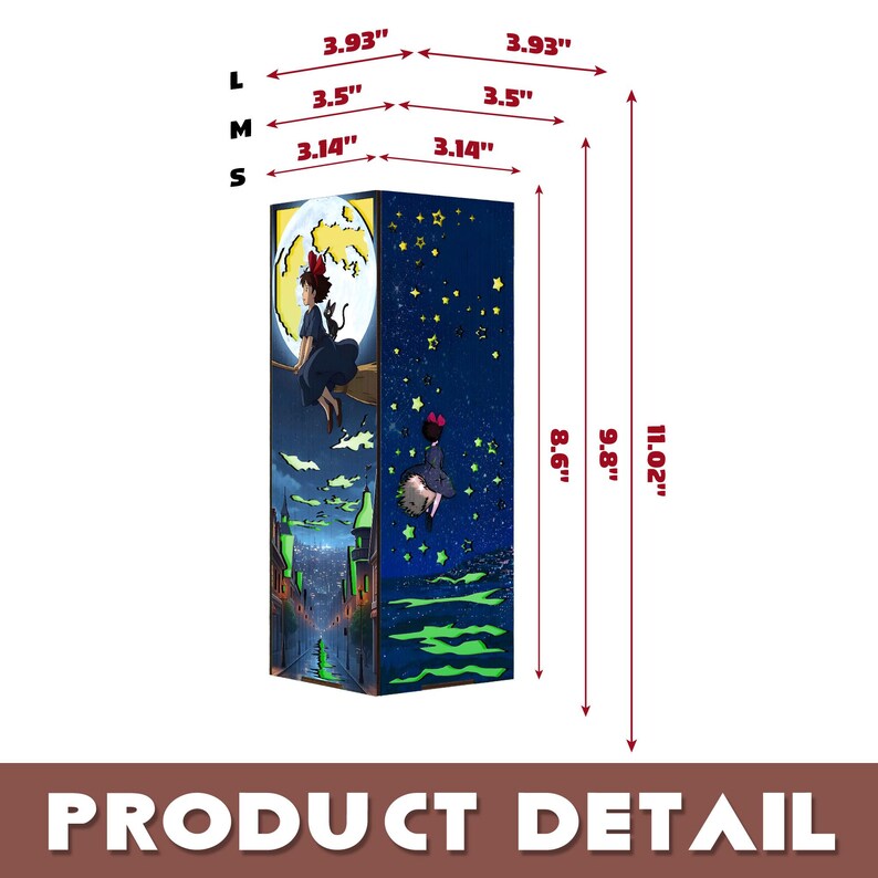 May include: A rectangular decorative box featuring a whimsical illustration of a witch flying on a broomstick in front of a full moon. The box is 11.02 inches tall, 3.93 inches wide, and 3.93 inches deep. The box has a dark blue night sky background with stars.