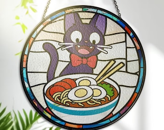 Jiji Cat Ramen Stained Glass – Anime-Inspired Printed Glass Window Hanging – Colorful Suncatcher Decor for Fans & Collectors