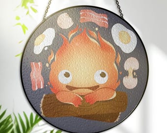 Calcifer Stained Glass Suncatcher – Anime Art – Window Hanging Home Decor & Gift for Anime Lovers