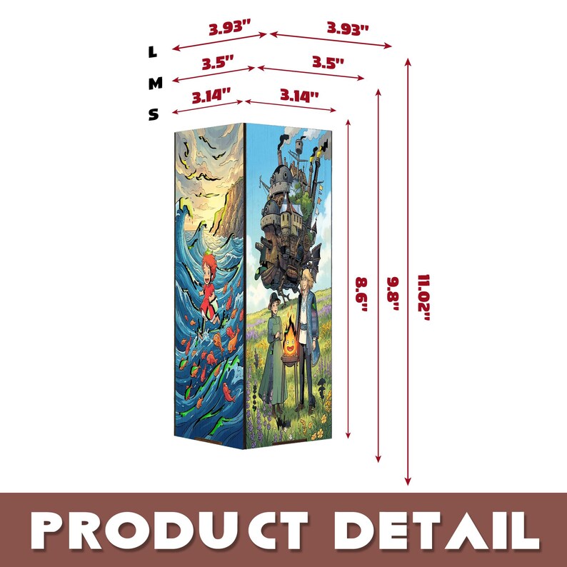 May include: A rectangular lamp featuring two illustrated panels. One side shows a character surfing on blue waves with orange fish. The other side depicts a castle, two figures, and a fire spirit in a field. Dimensions are 3.14, 3.5, 3.93 inches wide and 8.6, 9.8, 11.02 inches high.