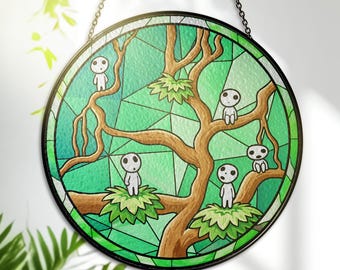 Atrapasueños de vidrio Kodama – Arte de vidrio Espíritu del Bosque – Inspirado en Studio Ghibli – Decoración para ventanas y paredes – Regalo para amantes del anime