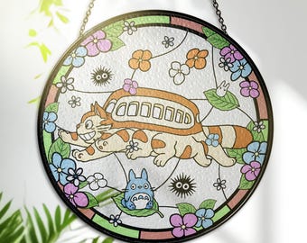 Cat Bus Stained Glass – Whimsical Forest Art – Printed Glass Window Hanging – Ghibli Inspired Wall Decor – Anime Lover Gift