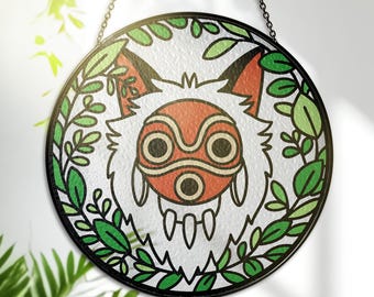 Mononoke’s Mask Stained Glass Suncatcher – Mystical Forest Spirit Glass Art – Fantasy Window Hanging Decor – Gift for Anime Lovers
