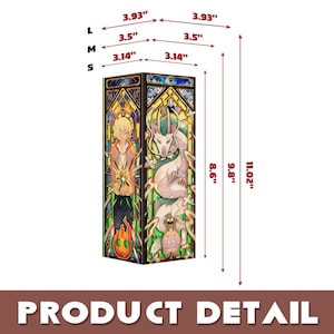 May include: A rectangular lamp featuring stained glass style illustrations of anime characters. Dimensions are labeled as 3.14, 3.5, and 3.93 inches in width, and 8.6, 9.8, and 11.02 inches in height for sizes S, M, and L respectively.