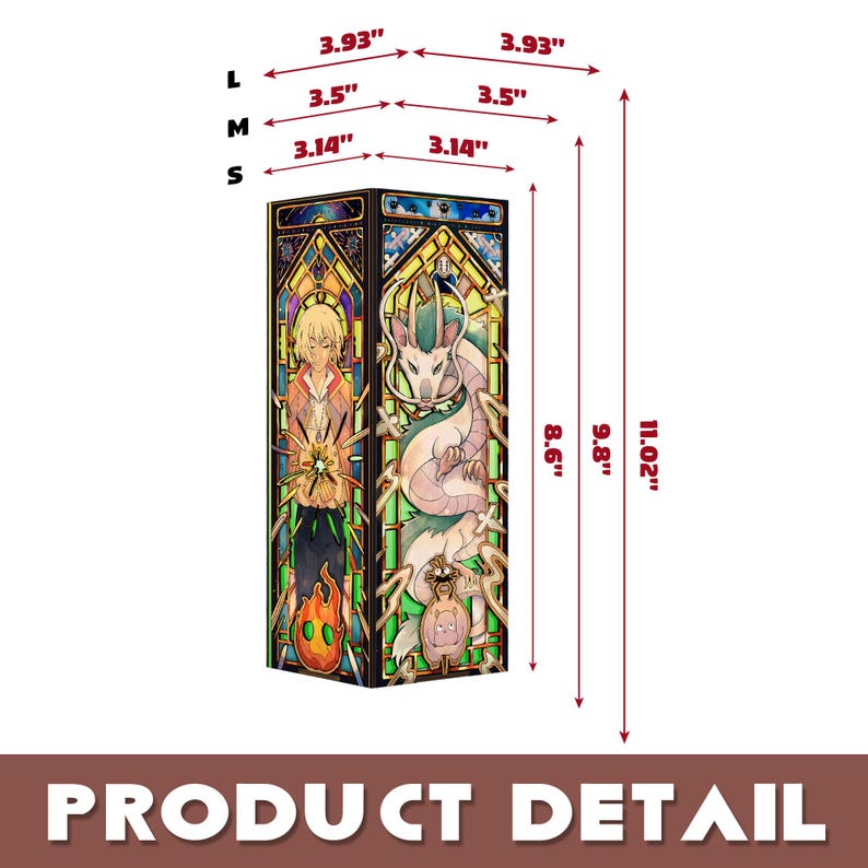May include: A rectangular lamp featuring stained glass style illustrations of anime characters. Dimensions are labeled as 3.14, 3.5, and 3.93 inches in width, and 8.6, 9.8, and 11.02 inches in height for sizes S, M, and L respectively.