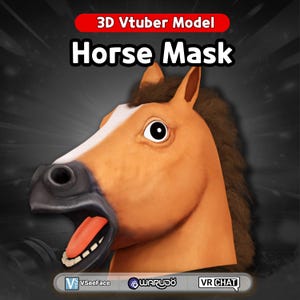 Op de afbeelding: Een 3D Vtuber-model van een paardenmasker. Het masker is voornamelijk bruin met een witte streep op het gezicht en een donkerbruine manen. De mond van het paard staat open en toont een roze tong en witte tanden. Tekst op de afbeelding luidt "3D Vtuber Model" en "Horse Mask".