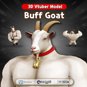 May include: A digital illustration of a muscular white goat with a red collar and a gold bell. The image is labeled "3D Vtuber Model Buff Goat" and includes logos for VSeeFace, WARUDO, and VR CHAT.
