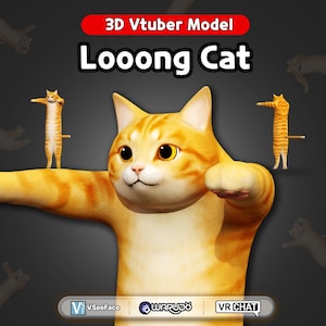 Könnte beinhalten: Ein 3D-Modell einer Cartoon-Katze mit orangefarbenen und weißen Streifen, die Arme ausgestreckt. Der Text "3D Vtuber Model" und "Looong Cat" sind oben zu sehen. Die Logos für VSeeFace, WARUDO und VR CHAT befinden sich unten.