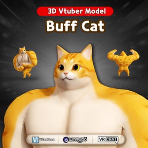 以下が含まれることがあります： オレンジと白の毛並みを持つ、筋肉質な猫の3Dモデル。画像には「3D Vtuber Model」と「Buff Cat」の文字が含まれています。猫は大きく、定義された筋肉を持っています。画像にはVSeeFace、WARUDO、VR CHATのロゴも含まれています。