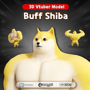 Pode incluir: Ilustração digital de um cão Shiba Inu musculoso em amarelo e branco. A imagem inclui o texto "3D Vtuber Model" e "Buff Shiba". Os logotipos VSeeFace, WARUDO e VR CHAT também estão incluídos.