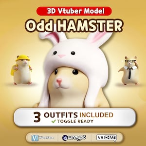 Puede incluir: Ilustración digital de un hámster con un sombrero de conejo, con el texto "Odd Hamster" y "3 Outfits Included". Se muestran otros dos hámsters con diferentes atuendos. La imagen es para un modelo Vtuber 3D.