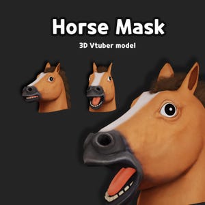 May include: A 3D rendered horse mask with a brown and white color scheme. The mask has an open mouth with a pink tongue and white teeth. The text "Horse Mask" and "3D Vtuber model" are displayed above the masks.