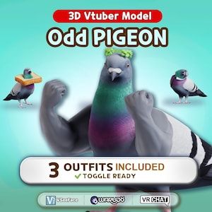 May include: A digital illustration of a muscular pigeon with the text "Odd PIGEON" and "3 OUTFITS INCLUDED." The pigeon has a green and purple chest, gray arms, and a green leafy crown. Two smaller pigeons are also shown.
