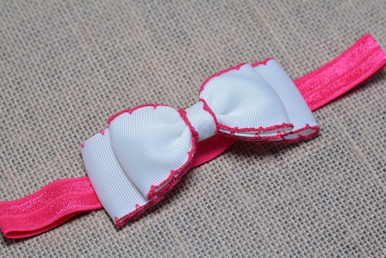 White /& Pink Baby Headband White with Shocking Pink Stitching Bow Headband PInk White Baby Hair Accessories Girls Hair Accessories