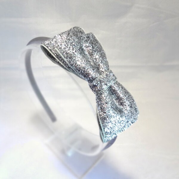 Silver Glitter Bow Headband. Christmas Headband. Girls Hair Accessories, Adult Hair Accessories, Gray Bow Headband. Sparkle Headband