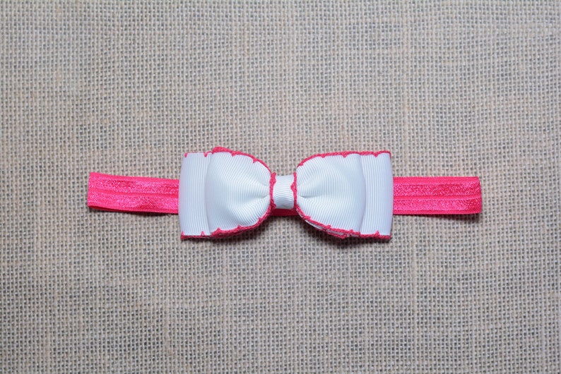 White /& Pink Baby Headband White with Shocking Pink Stitching Bow Headband PInk White Baby Hair Accessories Girls Hair Accessories