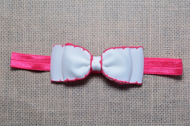 White /& Pink Baby Headband White with Shocking Pink Stitching Bow Headband PInk White Baby Hair Accessories Girls Hair Accessories