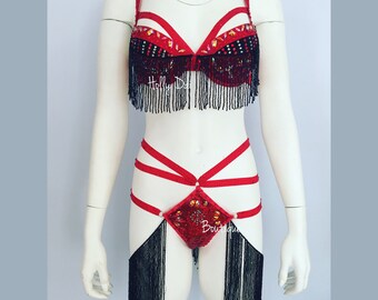 Red and Black Burlesque Costume Lingerie Set