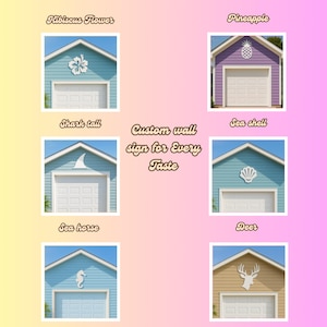 Puede incluir: Una colecci&oacute;n de letreros de pared personalizados para garajes, cada uno con un dise&ntilde;o &uacute;nico. Los dise&ntilde;os incluyen una flor de hibisco, pi&ntilde;a, cola de tibur&oacute;n, caballito de mar, concha marina y ciervo. Tambi&eacute;n se muestra el texto "Custom wall sign for Every Taste".