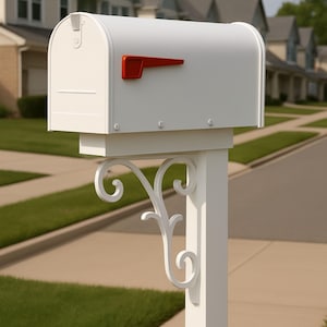 May include: A white mailbox with a red flag, mounted on a white post with decorative scrollwork. The mailbox is in front of a suburban neighborhood with houses and green lawns.