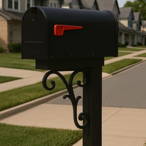 May include: A black mailbox with a red flag, mounted on a black post with decorative scrollwork. The mailbox is in front of a suburban house with a green lawn and a sidewalk.