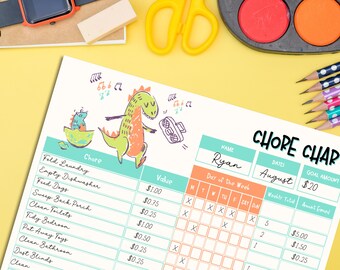Tabla de tareas de dinosaurios para niños / Registro de asignación semanal (Descarga instantánea)