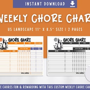 May include: A printable weekly chore chart in US landscape size, 11" x 8.5", with two pages. The chart features a panda illustration and spaces to track chores, values, and rewards. The design includes the text "Weekly Chore Chart".