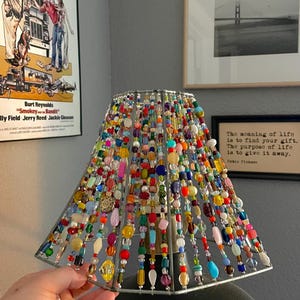 Colorful Beaded Lampshade – Eclectic Handmade Lamp Shade with Thrifted Glass Beads – Boho Decor Accent – 9” Tall x 9.5” Wide