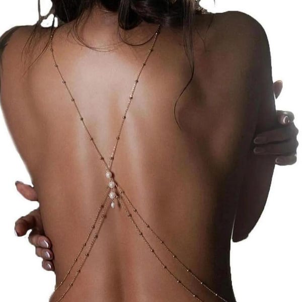 14K Gold Plated Body Jewelry with Pearl, Body Chain, Pearl Back Chain, Bikini Body Jewelry, Gold Back Chain, Gold Back Chain with Pearl