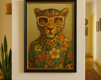 Afdrukbaar luipaard met bril – Funky dierenportret muurkunst – digitale download Jungle-decor