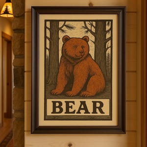 クマのプリント可能なウォールアート – ヴィンテージの森の動物ポスター – デジタルダウンロードキャビンデコレーション