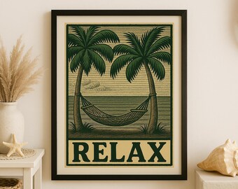 Tropical Relax Printable Wall Art – Vintage Beach Hammock Poster – Digital Download Relaxation Decor