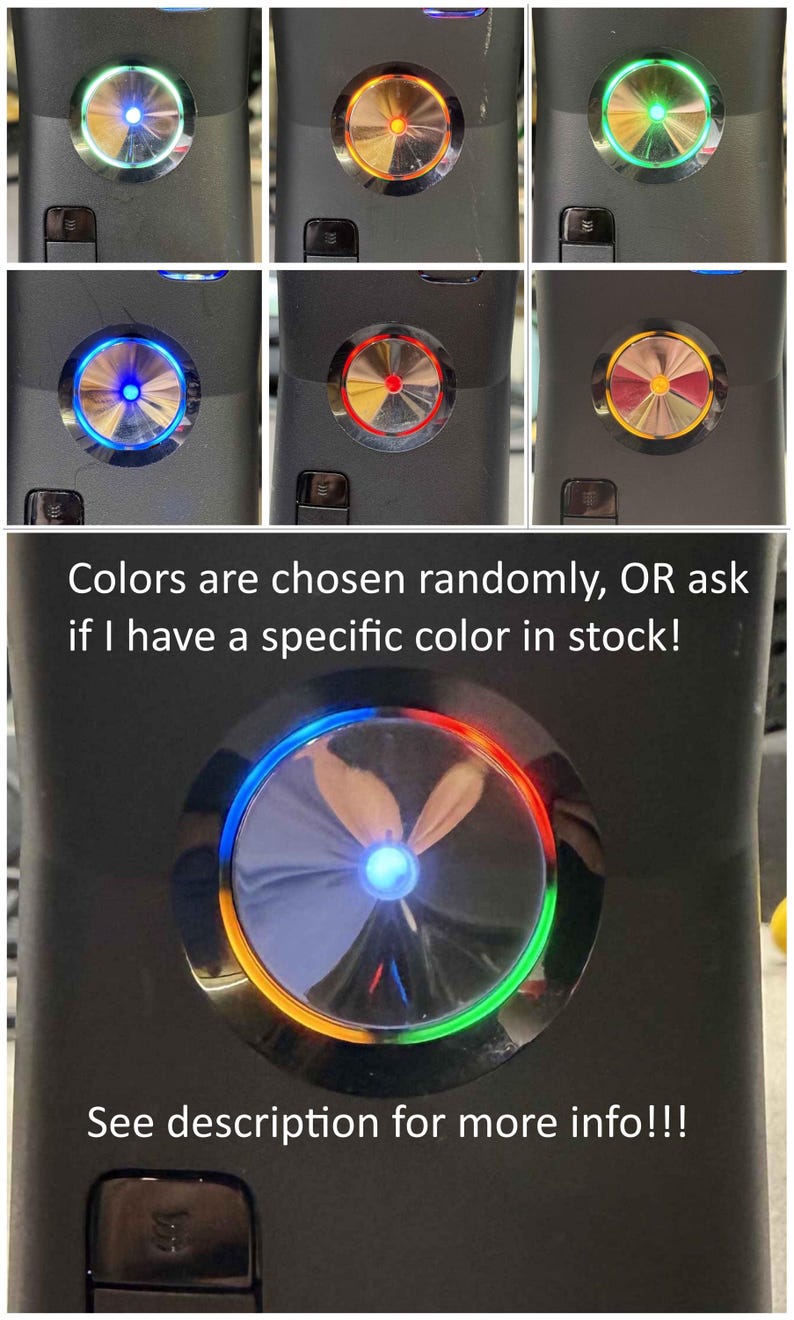 K&ouml;nnte beinhalten: Ein schwarzes elektronisches Ger&auml;t mit einem runden Knopf in Metallic-Optik und einer leuchtenden LED. Das Bild zeigt verschiedene Lichtfarben, darunter Blau, Orange, Gr&uuml;n und Rot. Text: Colors are chosen randomly, OR ask if I have a specific color in stock! See description for more info!!!