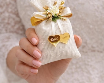 Bolsita de lavanda personalizada para recuerdo de boda – Etiqueta con nombre con espejo dorado – Regalo de lujo para despedida de soltera – Nombres de pareja personalizados – Recuerdo de boda turco