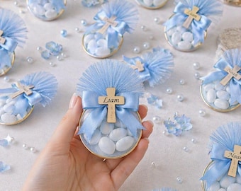 Recuerdos personalizados para bautizo, dulces para bautizo, recuerdos para baby shower de niño, tul de dulces de almendra, regalo con nombre en cruz, recuerdos azules para fiesta de bebé.