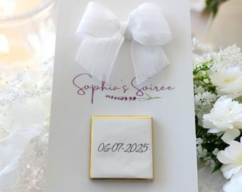 Detalle de chocolate personalizado con elegante tarjeta y lazo / Regalo para bodas, compromisos, baby showers y bautizos
