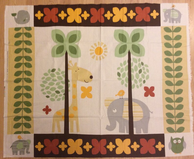 An Adorable African Jungle Animals Elephant And Giraffe Cotton Fabric Panel Free US Shipping