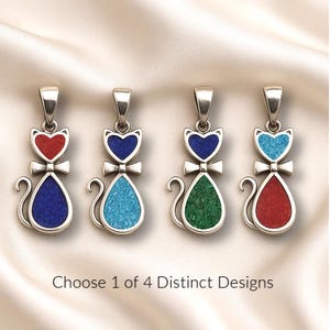 Sterling Silver Cat Necklace: Handmade Mosaic Pendant, Natural Stone Inlay