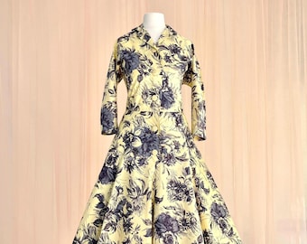 Vintage 1950s Yellow Floral Cotton Rockabilly Dress by Horrockses - US 4 / UK 8 / EUR 36 - full skirt, swing day dress, floral print