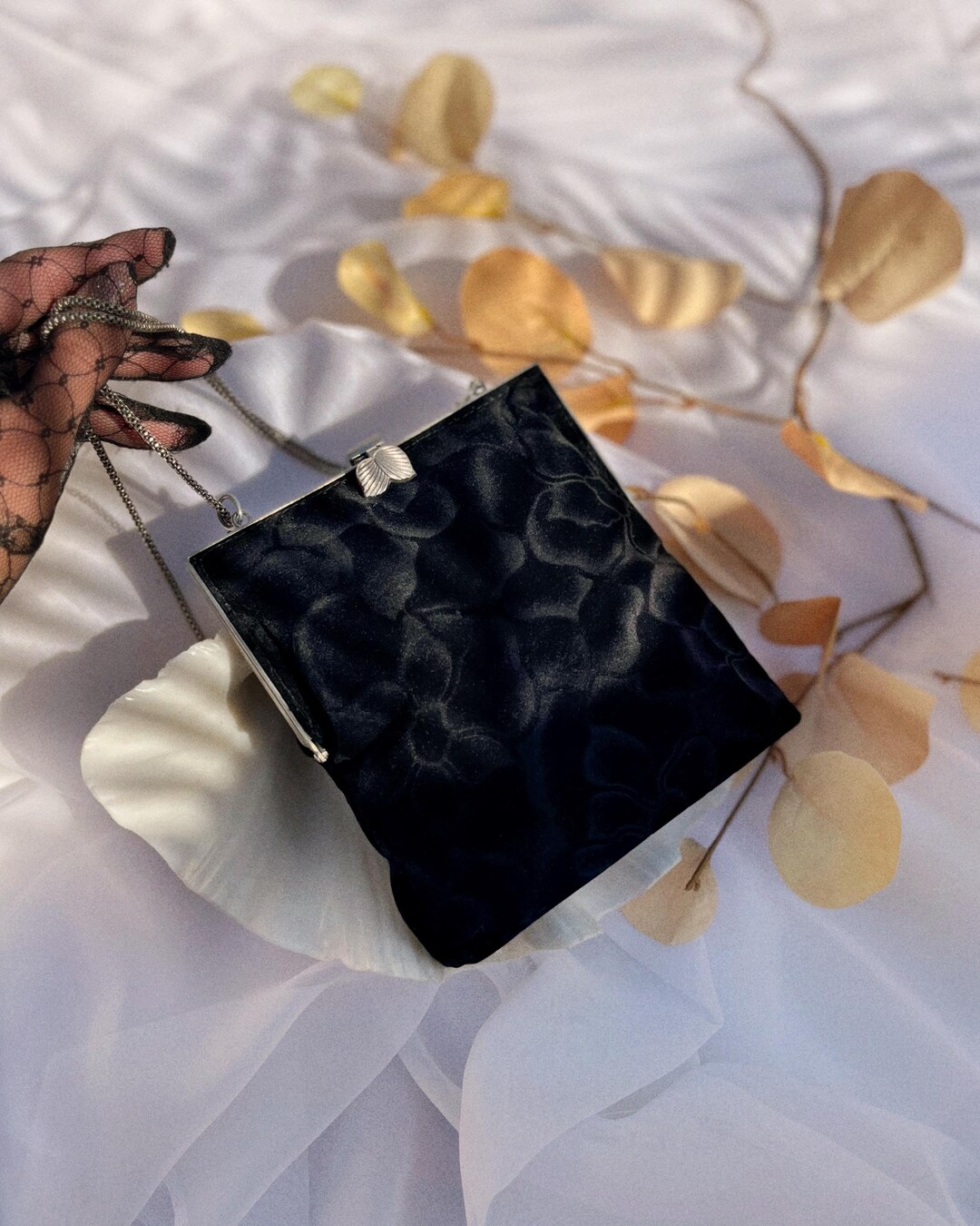 Velour Pattern Embossed Vintage 1950s Embossed Black Velour Purse - Floral Pattern, Thin Long ...