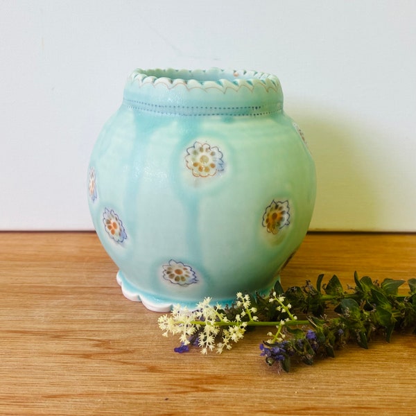 Vase, bud vase, round, aqua semi matt,  porcelain, thrown, nc pottery