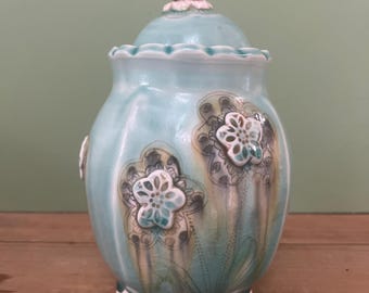 Covered pot, aqua with yellow bird, porcelain, NC pottery