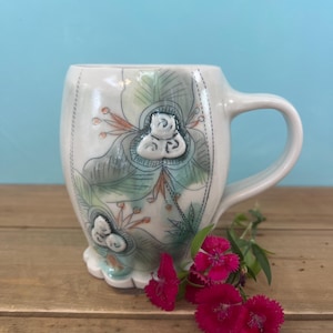 Mug, barrel, white semi-matt glaze with green leaves, NC pottery, porcelain