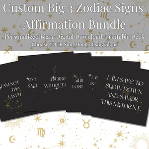 Baralho de Afirmações do Zodíaco Personalizado | Escolha seu Sol, Lua e Ascendente | Download Digital de Cartas do Oráculo Astrológico | Pacote com 3 Signos para Imprimir