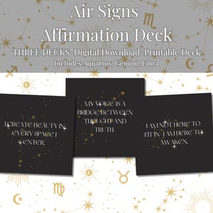 Lot d'affirmations de signes aériens | Jeu de cartes à imprimer Gémeaux Balance Verseau | Cartes du zodiaque Oracle en téléchargement numérique | Coffret cadeau astrologie