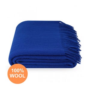 100% Wool Throw Blanket Royal Blue – Cozy Warm Solid Color Sofa Cover or Outdoor Fringe Blanket – Premium Soft Sheep Wool